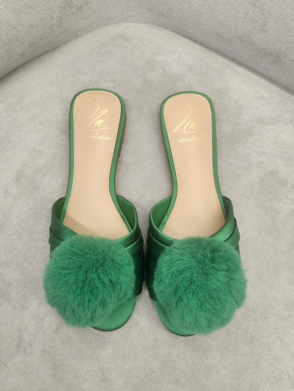 Antonio Melani The Nat Note Dress Slides 6 Green Satin Olga Pom Pom New $170